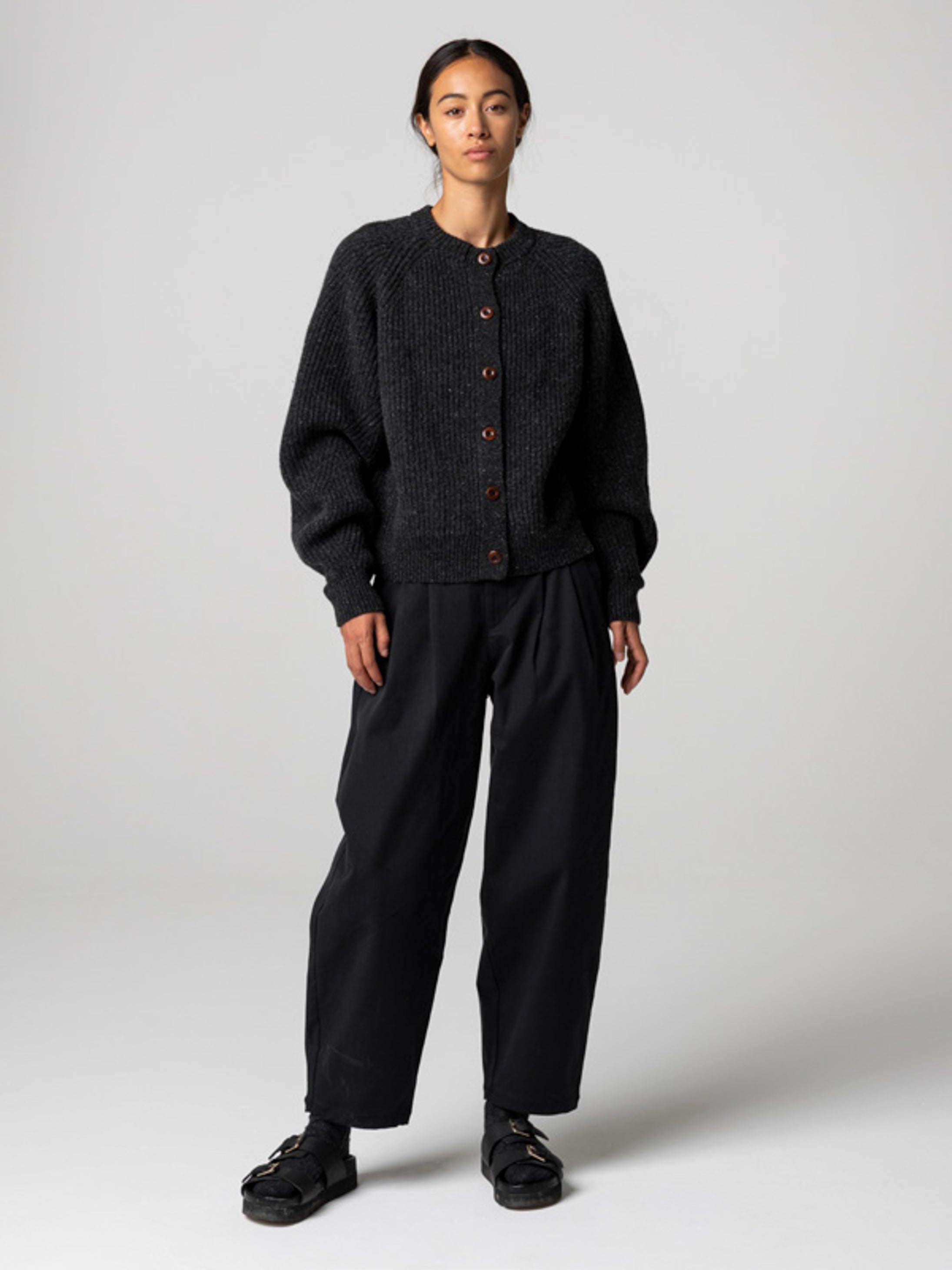 Women's Wool Cardigan in Raven - Fisherman Rib Cardigan | Finisterre