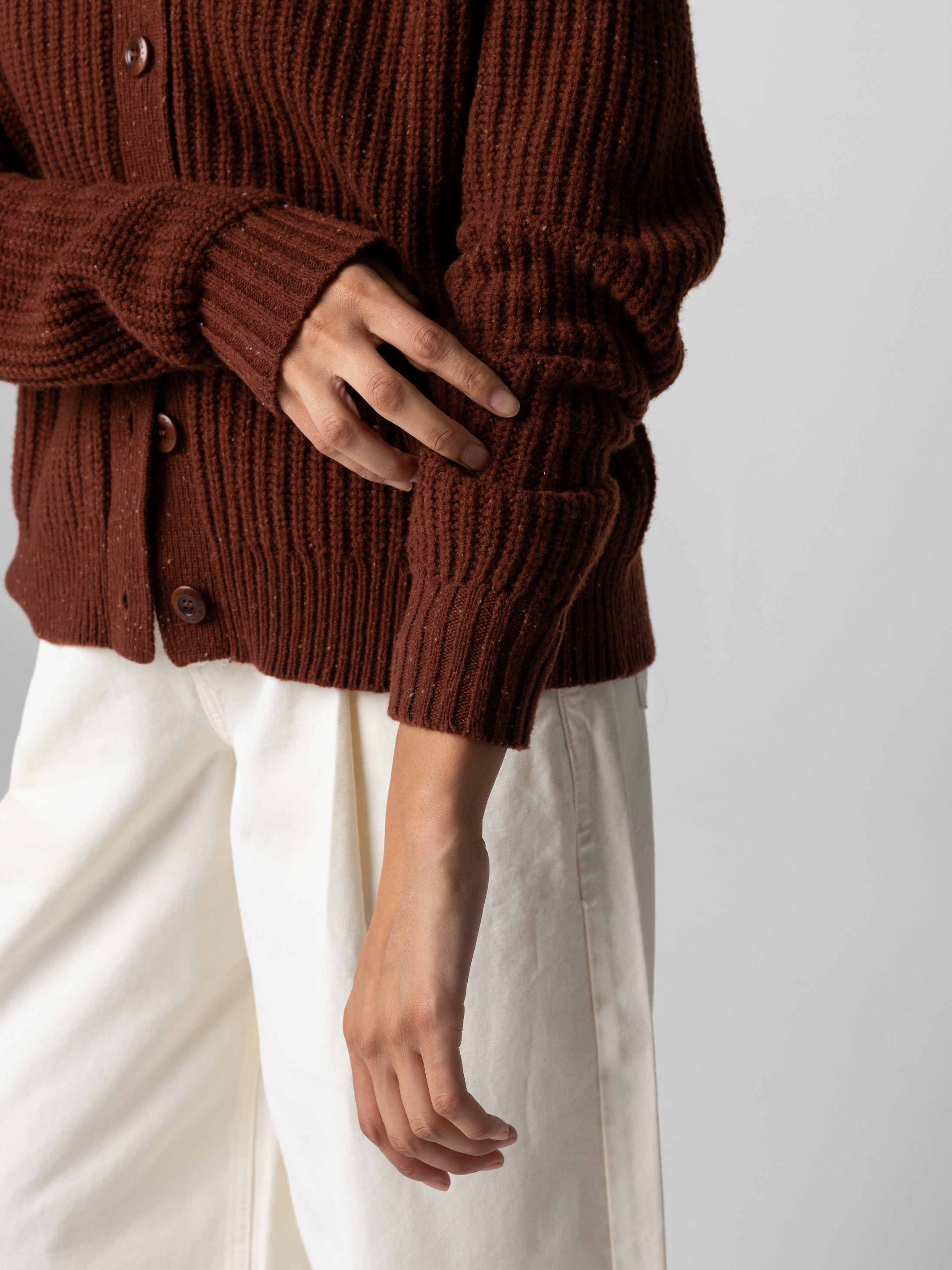 Women's Crew Neck Cardigan in Mahogany Brown - Finisterre Mora