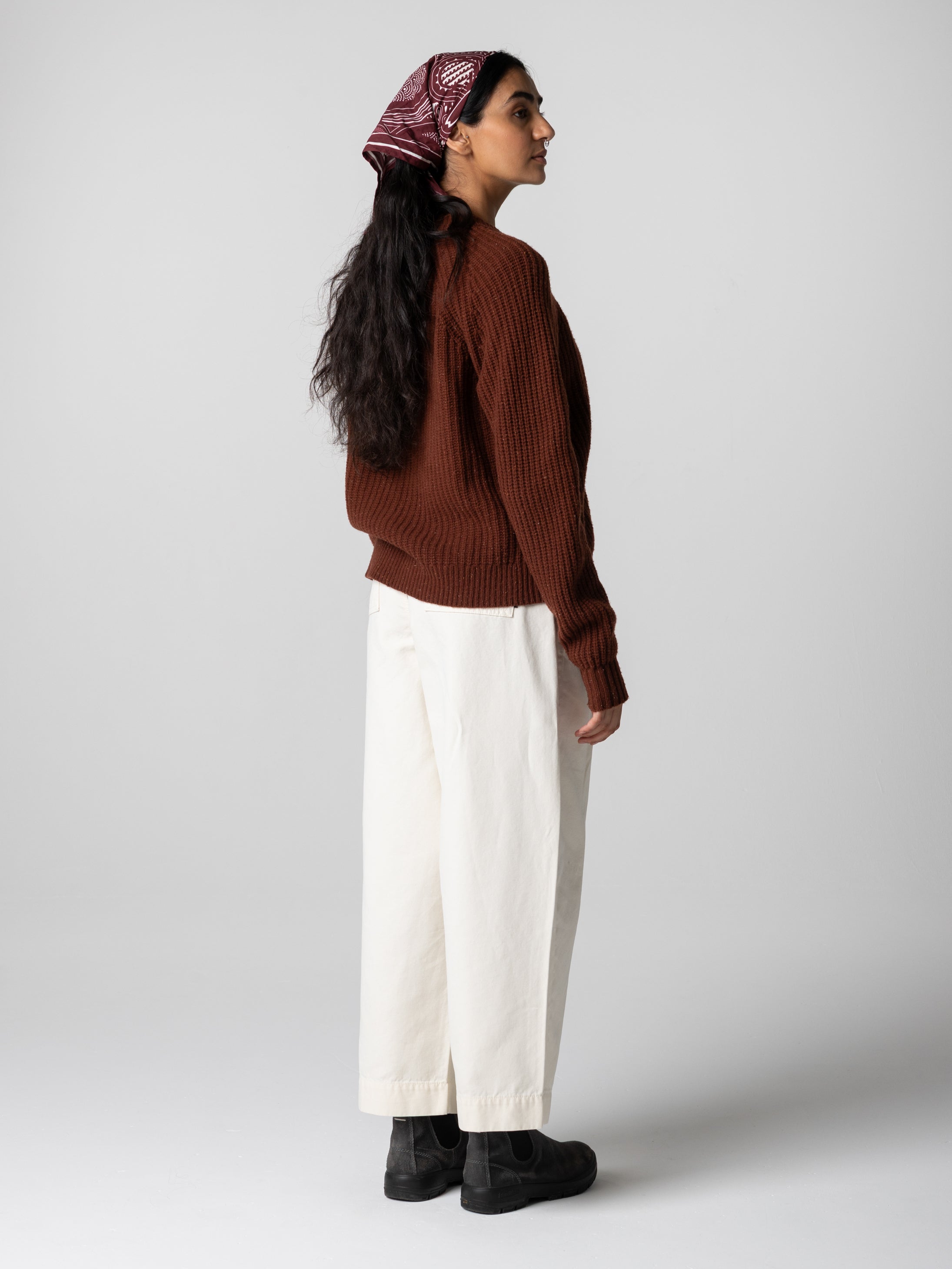 Women's Crew Neck Cardigan in Mahogany Brown - Mora | Finisterre