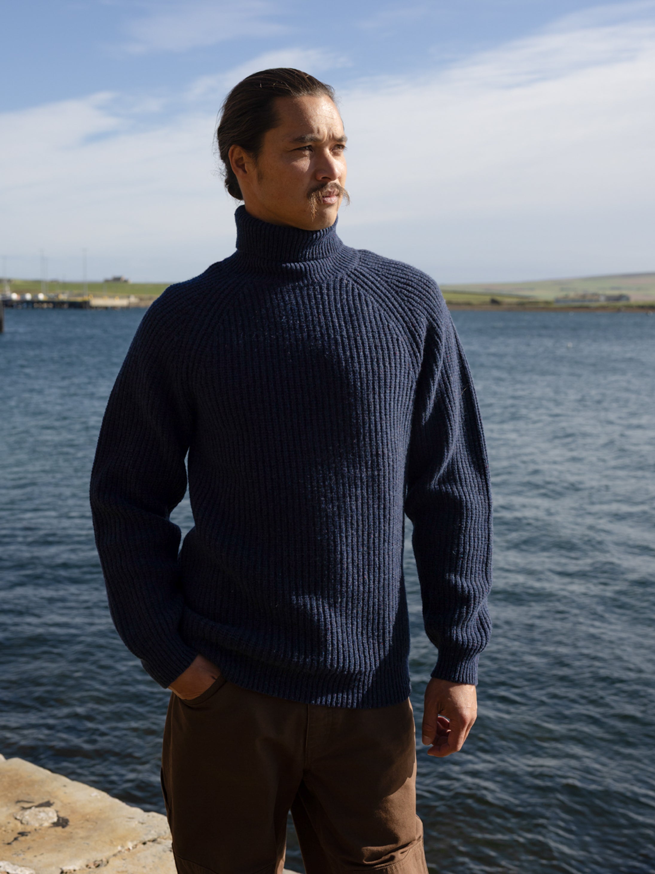 Men's Roll Neck Knit Jumper in Navy - Mora | Finisterre