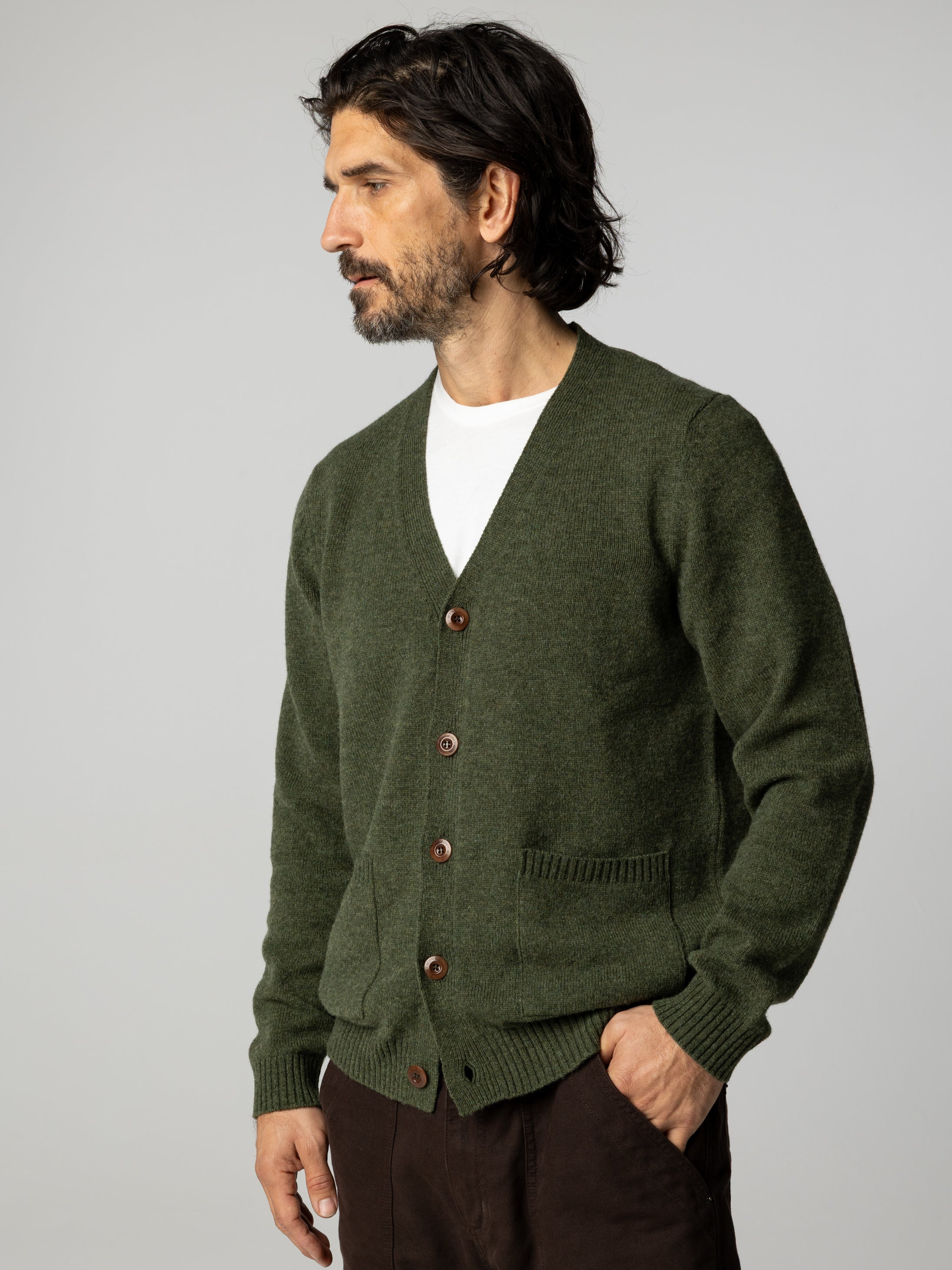Men's Wool Cardigan in Olive - Columba | Finisterre